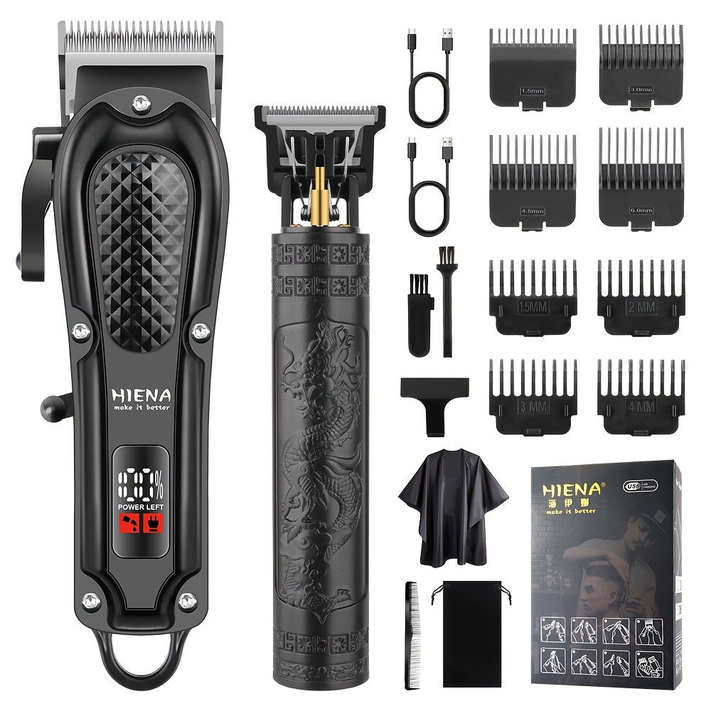 HIENA Men's Two-Piece Electric Hair Clipper with Digital Display and Cordless USB Carving Scissors, Ideal Gift for Men on Father's Day or holidays.