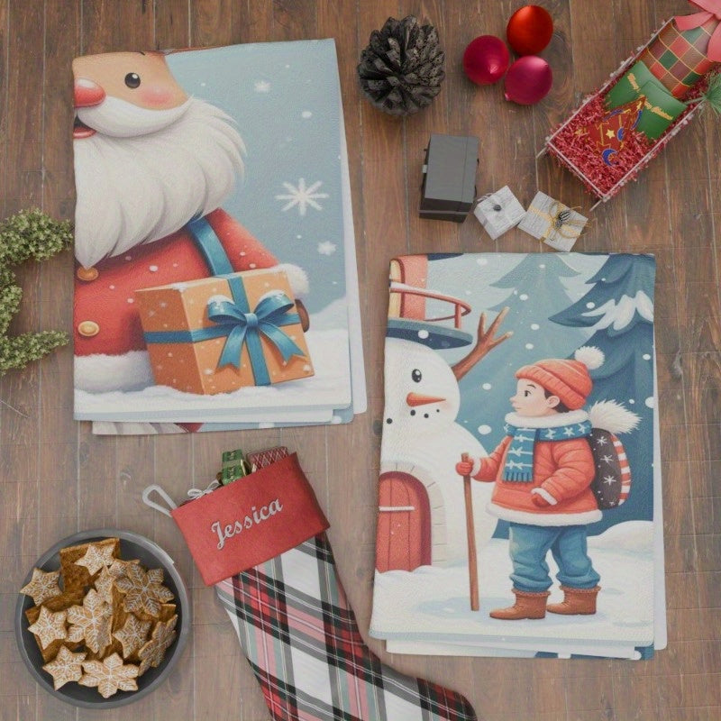 Set of 2 kitchen towels measuring 45.72*66.04 cm each, featuring a festive Christmas winter theme. Ideal for kitchen decoration and holiday gifting, decorated with charming snowflakes.