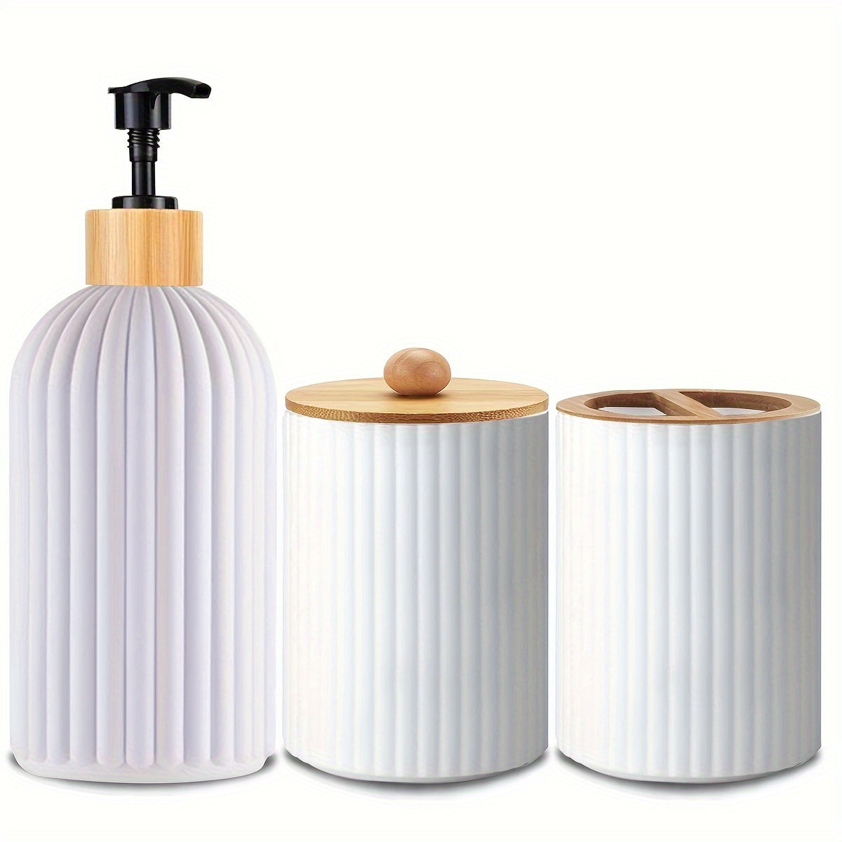 Set of 3 refillable bathroom dispensers made of lead-free plastic. Includes manual pump lotion dispenser, swab holder, and toothbrush organizer. Freestanding design requires no electricity.