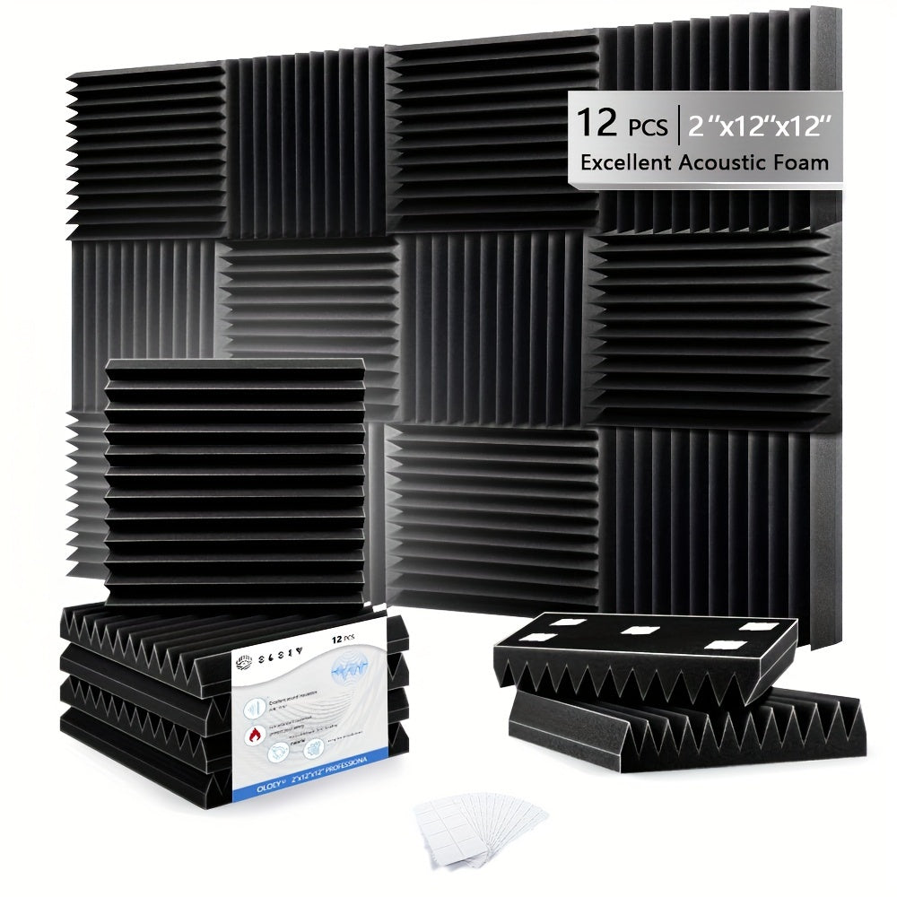 OLOEY 12pcs Acoustic Foam Panels for noise reduction in studios, offices. Self-adhesive for easy mounting on walls and ceilings.