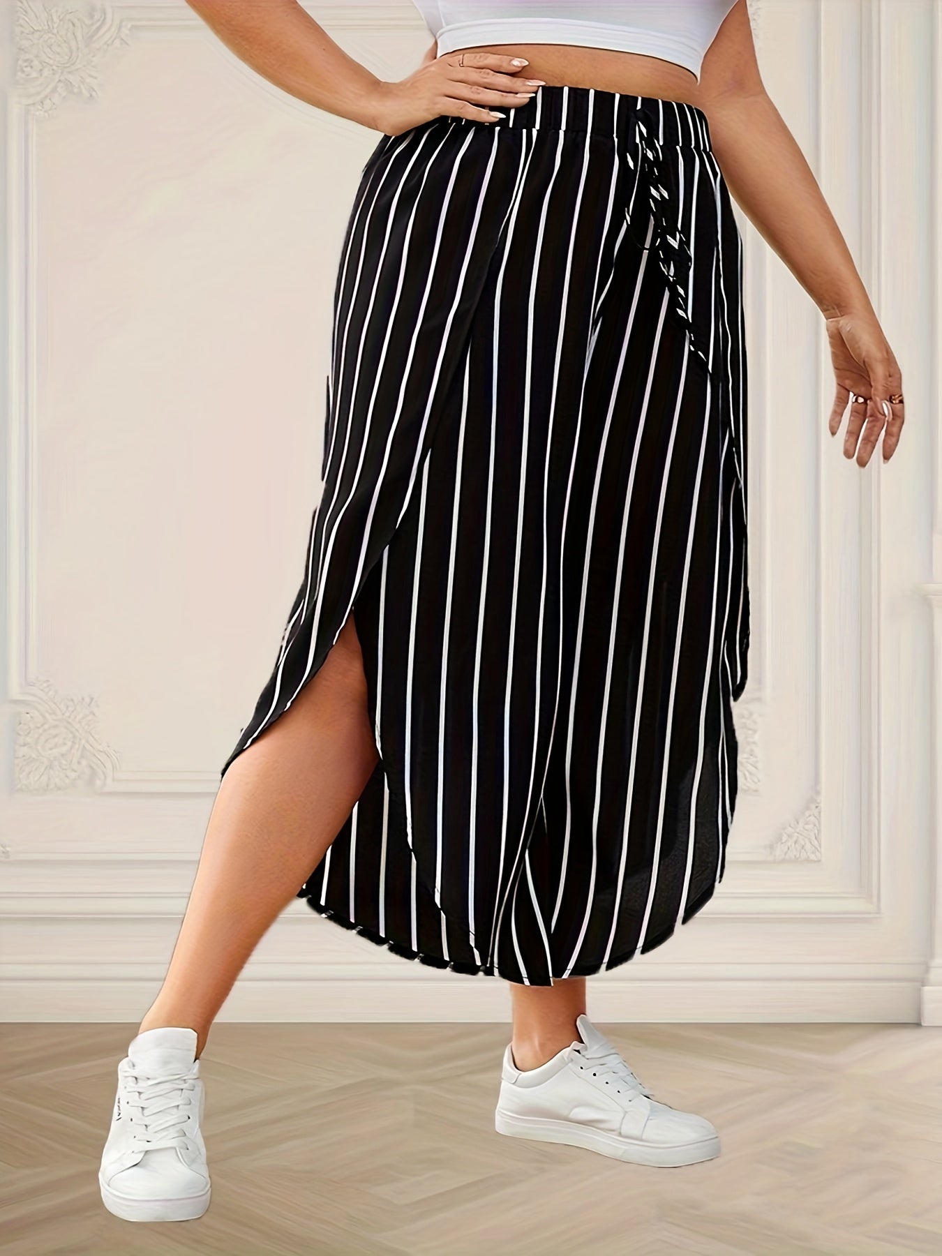 Plus Size Striped Loose Pants for Spring & Summer, Women's Casual Wide Leg High Waist Pants