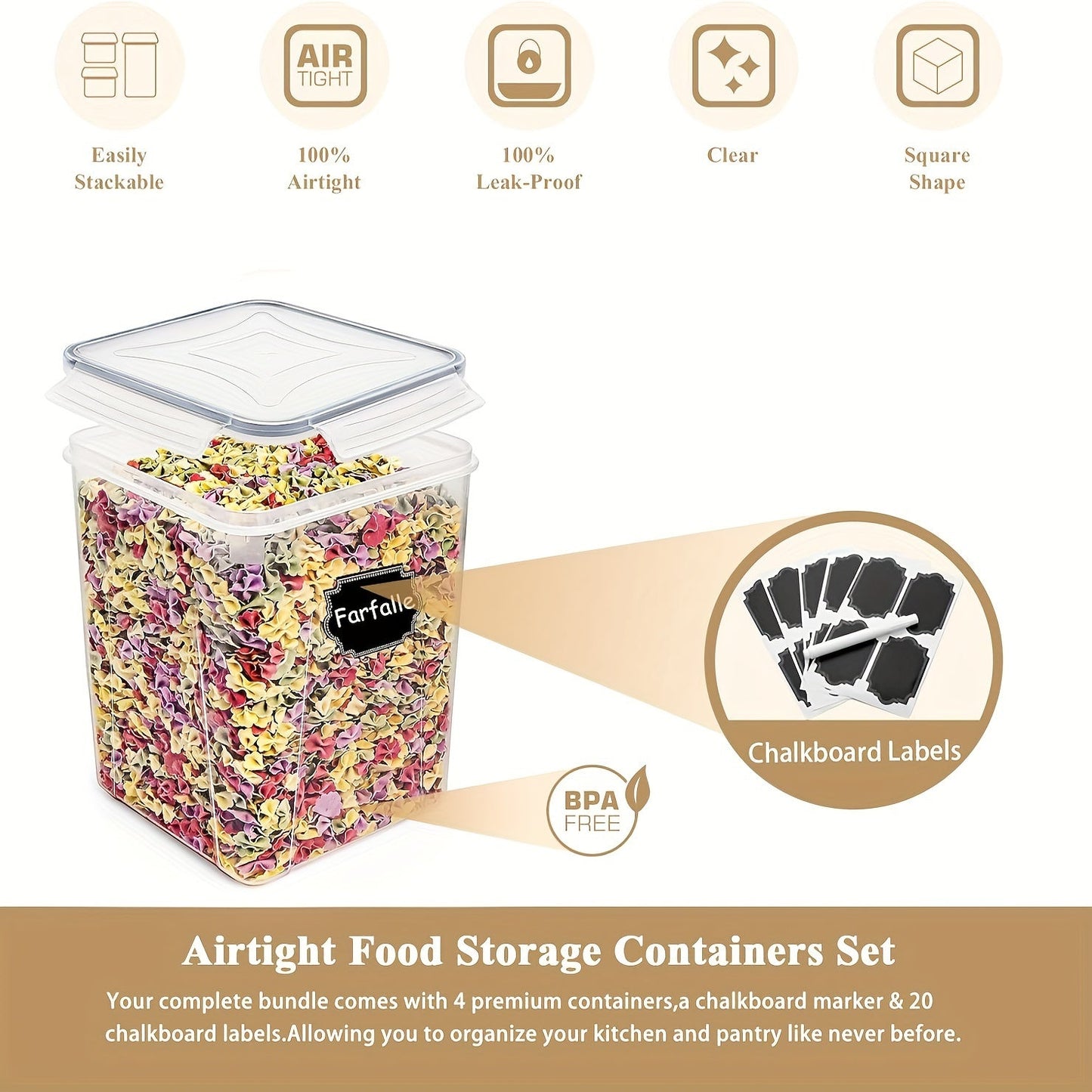 A set of four airtight food storage containers with lids, each holding 5.2 liters or 175 ounces. Made of plastic, these containers are perfect for organizing your pantry during the Christmas holiday season. They are ideal for storing flour, snacks