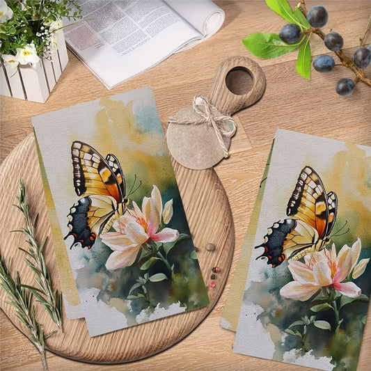 Set of 2 Ultra Soft Kitchen Towels featuring a Delicate Butterfly on Flower Design. These towels are Highly Absorbent, Machine Washable Dish Hand Towels perfect for Contemporary Coastal Decor. Size: 40.64x60.96 cm