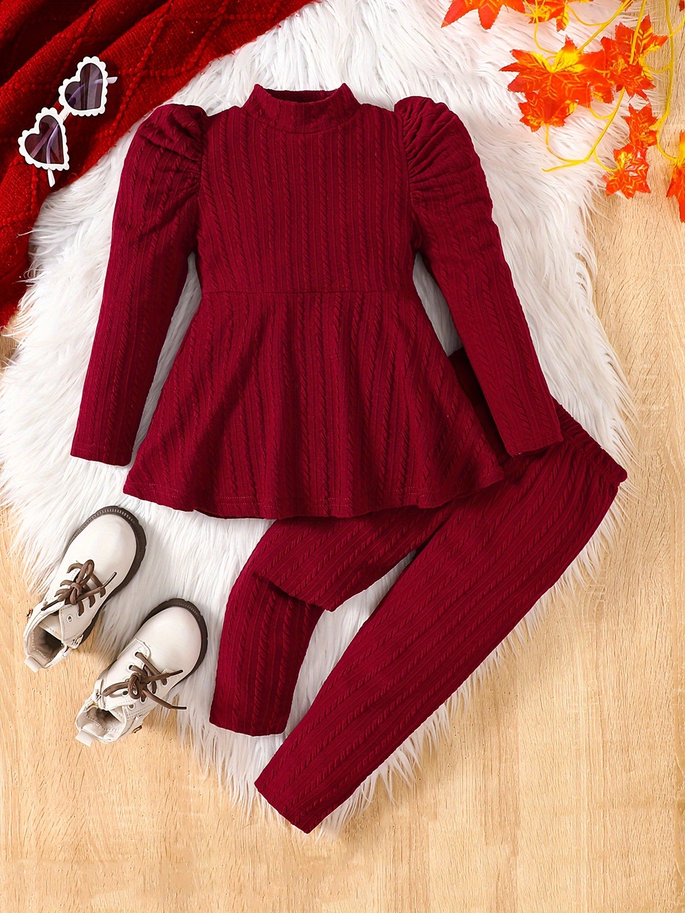 Girls' 2-piece knitwear set with bubble sleeve top, jacquard pants, solid color, casual style, regular fit for Fall/Winter outdoor wear. Made of 95% polyester and 5% spandex stretch fabric.