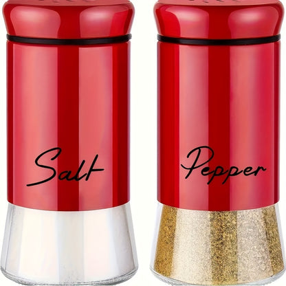 Glass bottom salt and pepper seasoning jars with stainless steel lids, ideal for use in kitchens, camping, RVs, and barbecues. Fillable design, set includes 2 pieces.