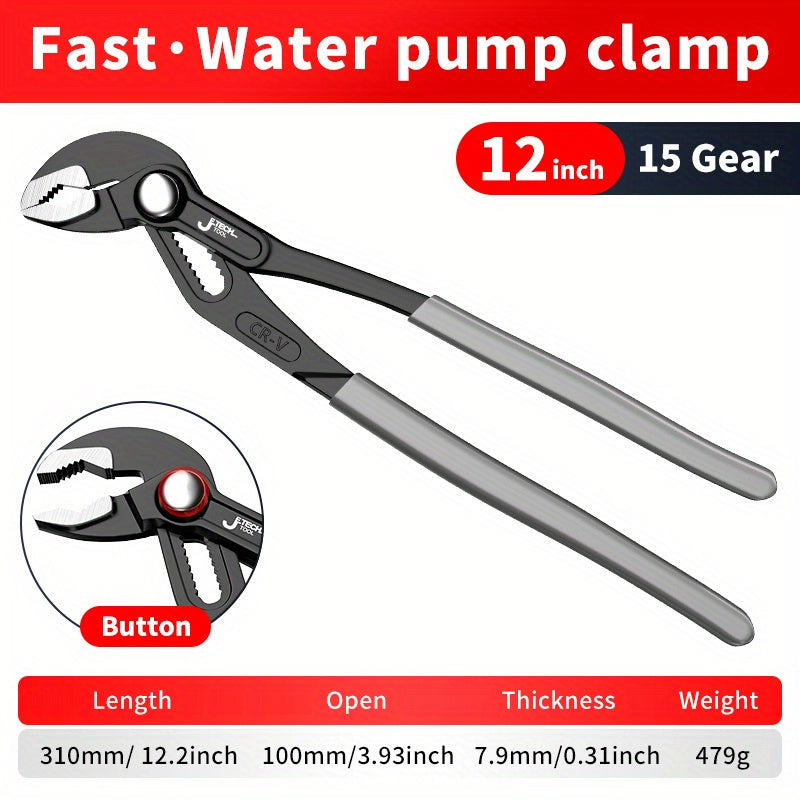 Multi-functional water pump pliers with large nose for various uses.