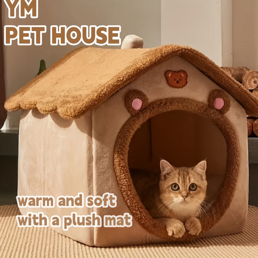 Detachable and washable cat bed with soft plush interior, suitable for cats and small dogs. Easy assembly and cute design for winter warmth.