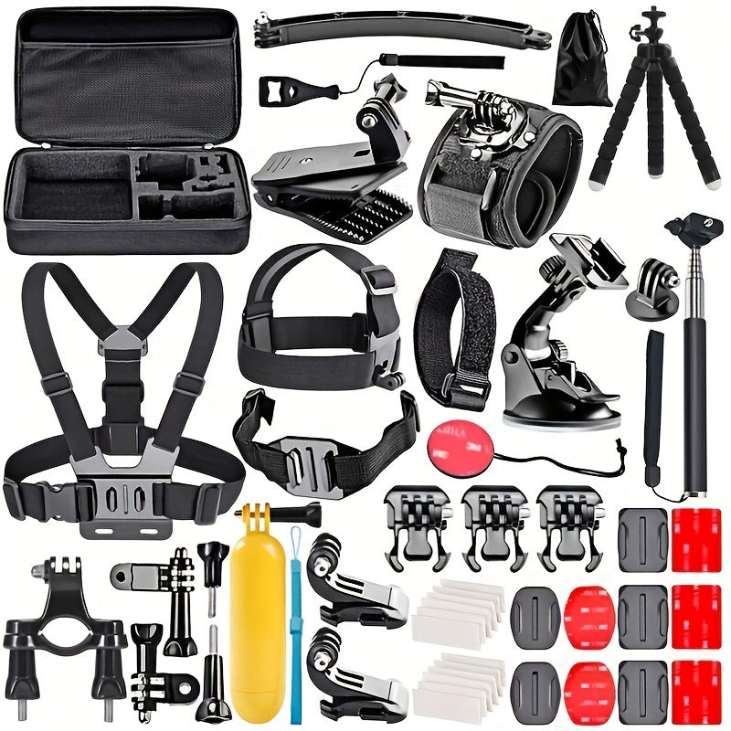 Camera accessory kit for various action cameras including GoPro, Insta360, DJI, AKASO, Sjcam, YI, Soocoo, EKEN, with stabilizer for outdoor photography.