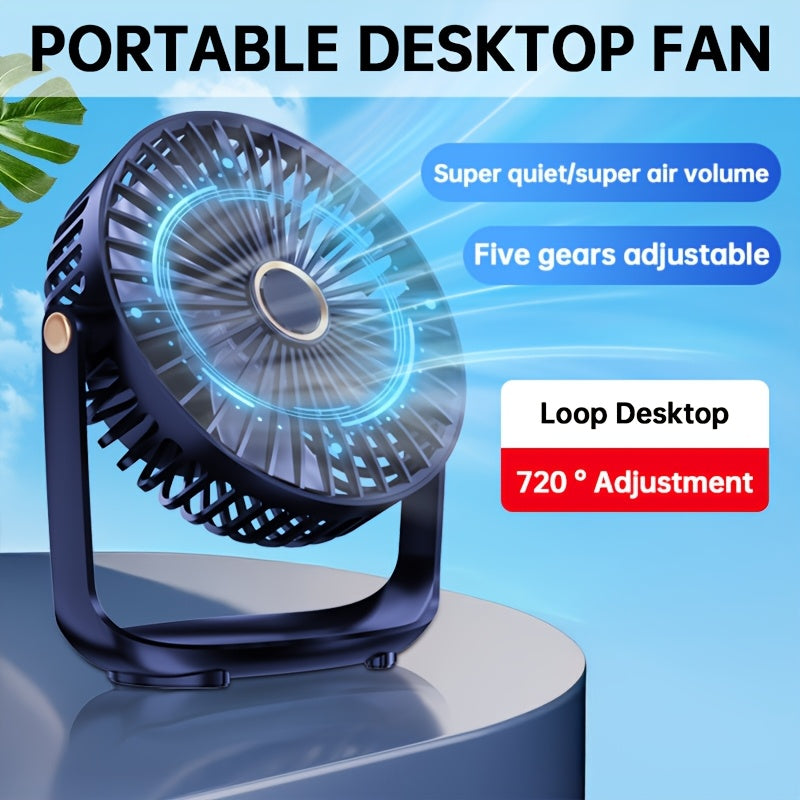 Mini desktop fan with night light, USB rechargeable and 5-speed settings. Perfect for home, office, bedroom, dorm, and more. Great for indoor and outdoor use. Makes a practical gift for summer, school, birthdays, Christmas, fishing, camping, and travel.