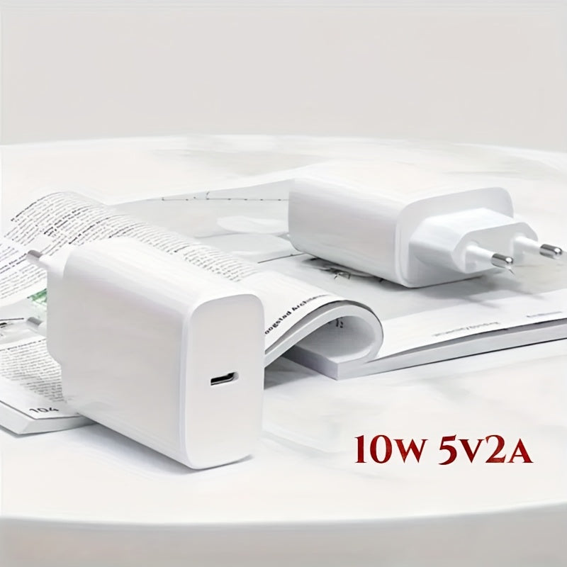 Compact 10W USB-C charger with EU plug, great for European travel, works with iPhone, iPad, Galaxy, and other USB-C devices, ensures safe and smart power delivery.