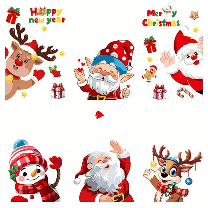 Set of Christmas window clings featuring PVC static Santa Claus and reindeer decals, along with a freestanding festive rabbit theme decor. These non-electric, featherless decals are perfect for adding a touch of holiday cheer to your home. Use them to