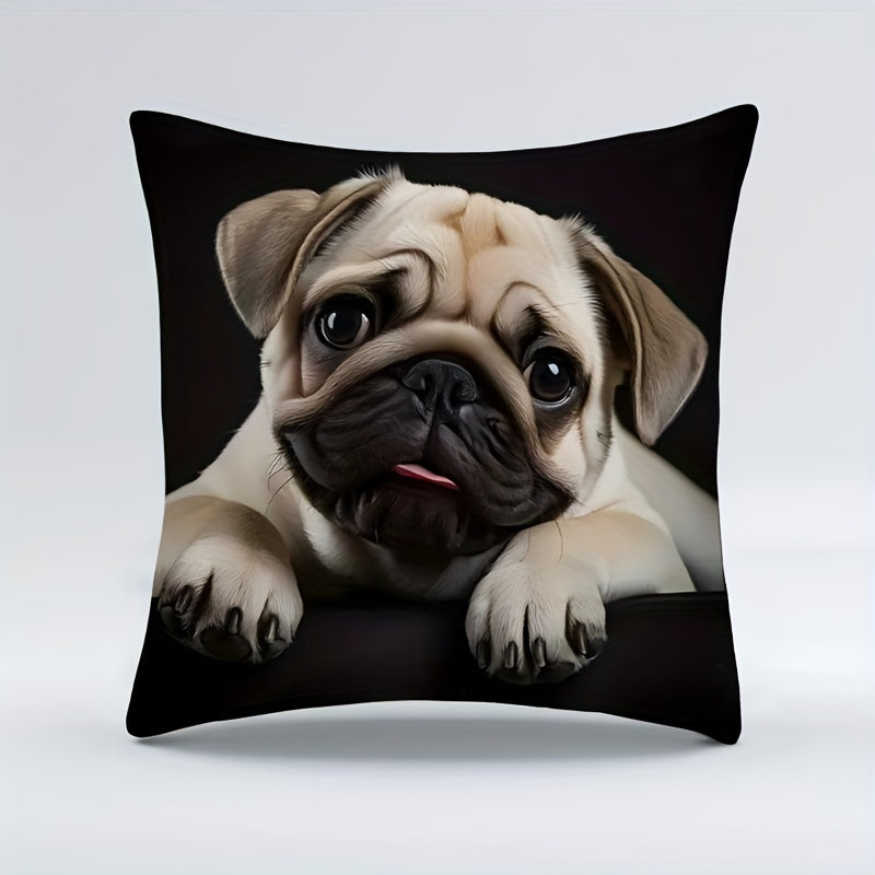 Double-sided throw pillow cover featuring an adorable pug design, measuring 44.96x44.96cm. Made of decorative polyester, this cushion case is ideal for the home and living room. A perfect gift for dog lovers and pug moms, this cover includes a zip