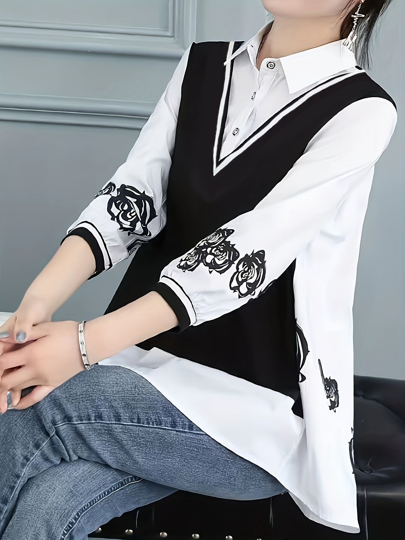 Stylish white and black chiffon shirt with random print design, featuring a unique fake two-piece design for a high-end look.