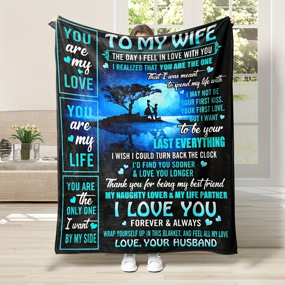 A cozy gift for wife from husband, this night sky blanket features love quotes. Perfect for snuggling up on the sofa or bed, this soft plush throw blanket is a thoughtful gesture.