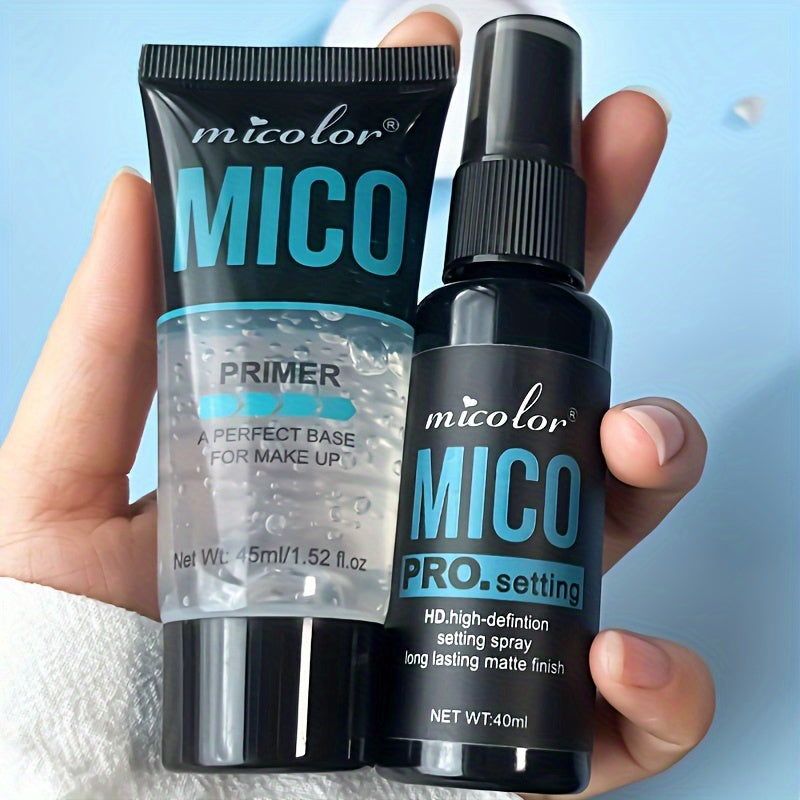 MICOLOR 2pcs Makeup Primer and Setting Spray Duo, Hydrating Formula, Fair Tone, Less than 1 Fl Oz Each