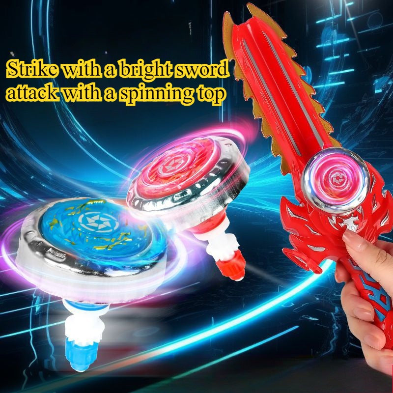 Two people duel with gyro swords while children play with objects and toys.