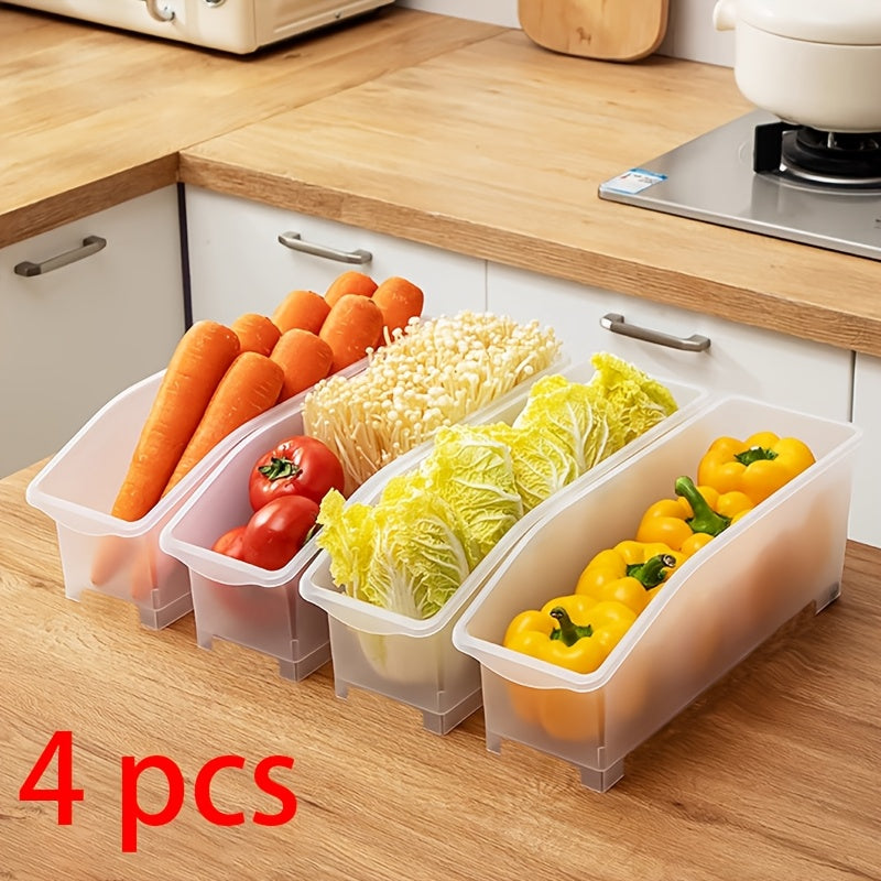 Sliding Refrigerator Organizer Bins - Set of 4, Stackable Storage Drawers for Fruits, Vegetables, Eggs, and Frozen Foods. Multi-functional Kitchen Organizer with Rolling Casters and Food-Safe Plastic Material ideal for Countertop and Sink Organization.