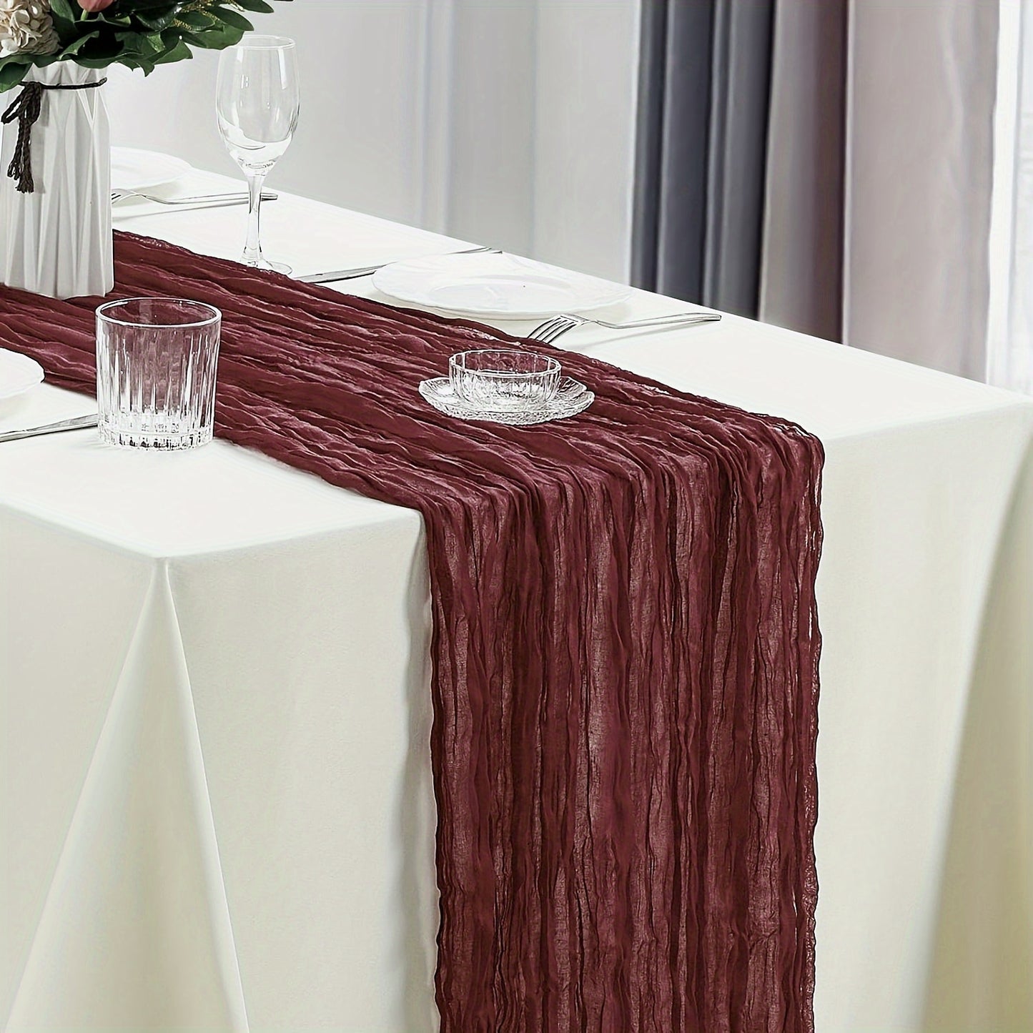 Elegant rust-colored cheesecloth table runner for spring, holidays, weddings - farmhouse chic design.