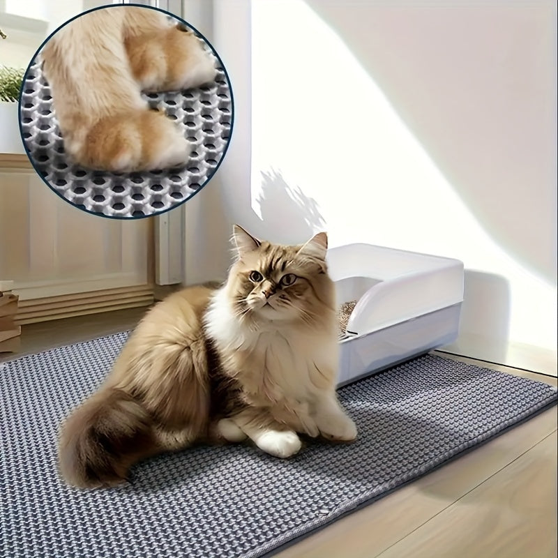 Gray double-layer cat litter mat prevents litter from being carried out or splashed. It is washable and helps control litter mess.