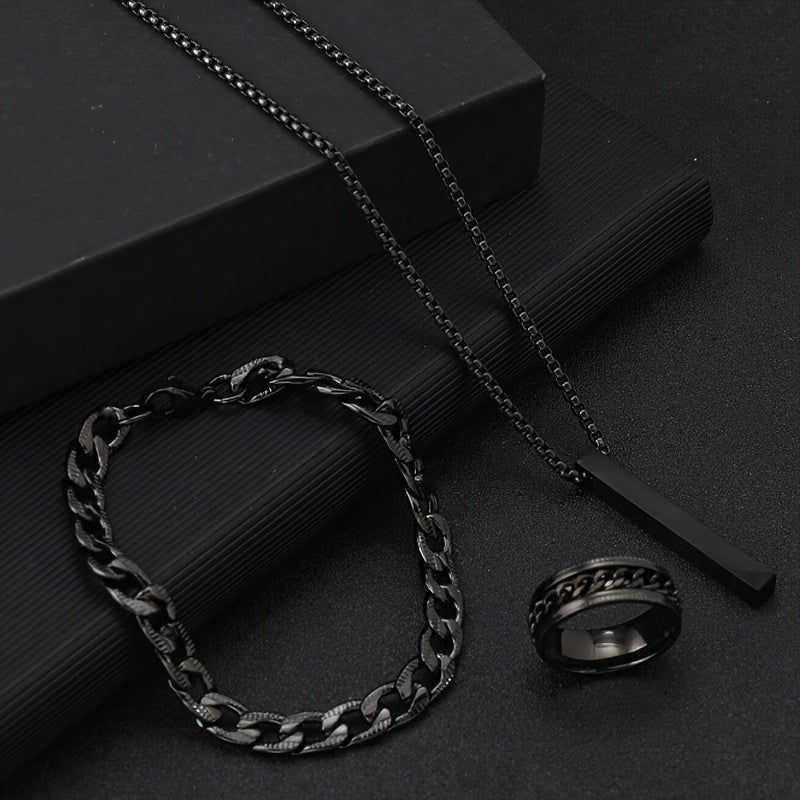 Casual Hip Hop Men's Stainless Steel Jewelry Set featuring Simple Rotatable Unzipped Ring, Black Statement Geometric Pendant Necklace, and Bracelet. Add a touch of style to your look with these accessories.