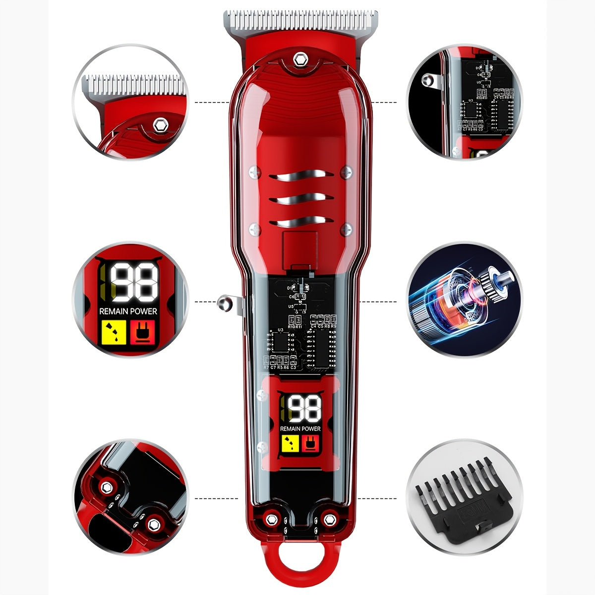 Sleek red electric hair clipper with LCD display, USB rechargeable, ideal for home, travel, and salons.