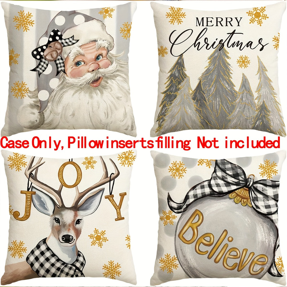 Set of four Christmas-themed pillowcases made of polyester fabric, suitable for home decoration in various settings, dimensions 45*45cm/17.7*17.7in, pillow core not included.