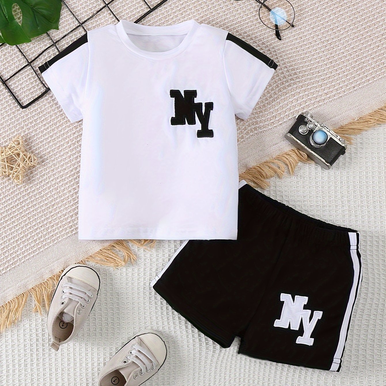 Stylish Black & White Letter Print Outfit for Boys - Polyester T-Shirt & Shorts Set, Machine Washable - Ideal for Spring/Summer, Movement Style, Traditional Version, Outdoor Ready.