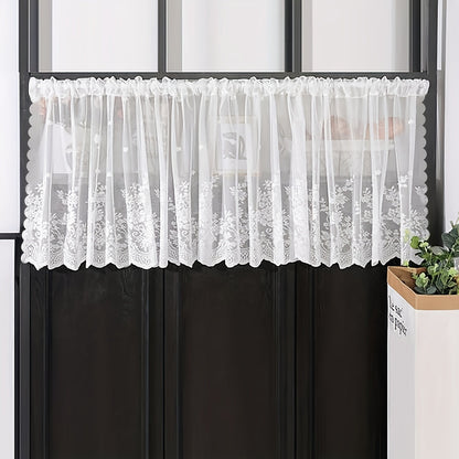 This affordable Lace Small Flower Cafe Curtain is dainty and charming, perfect for adding a touch of elegance to your kitchen or dining room. The curtain features a rod pocket design and is made of delicate white lace, making it suitable for window and