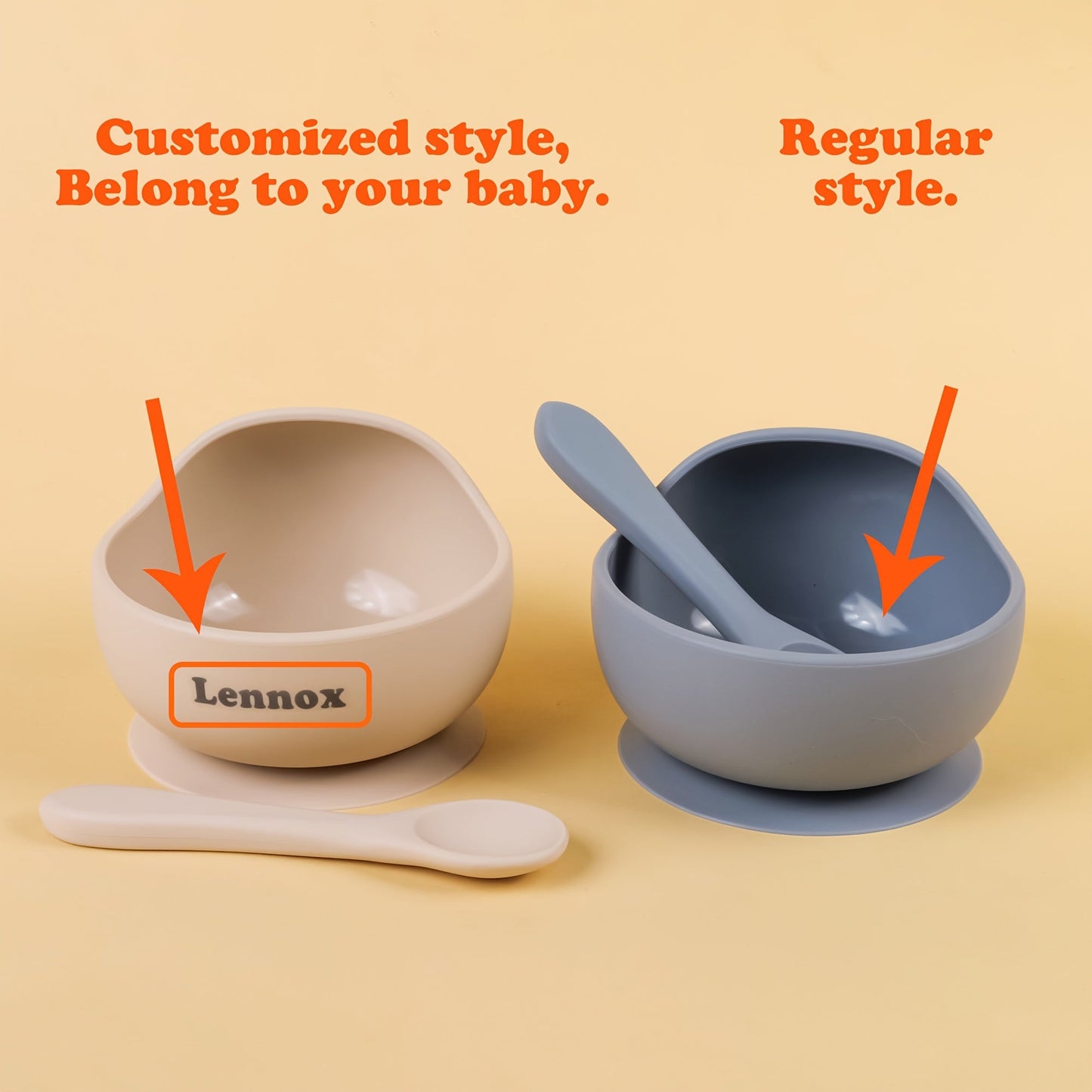 TYRY.HU offers personalized Customized Baby Bowl with Suction, featuring a 2-piece set of silicone bowl and spoon. These BPA-free self-feeding utensils are perfect for your little one. Personalized name option available.