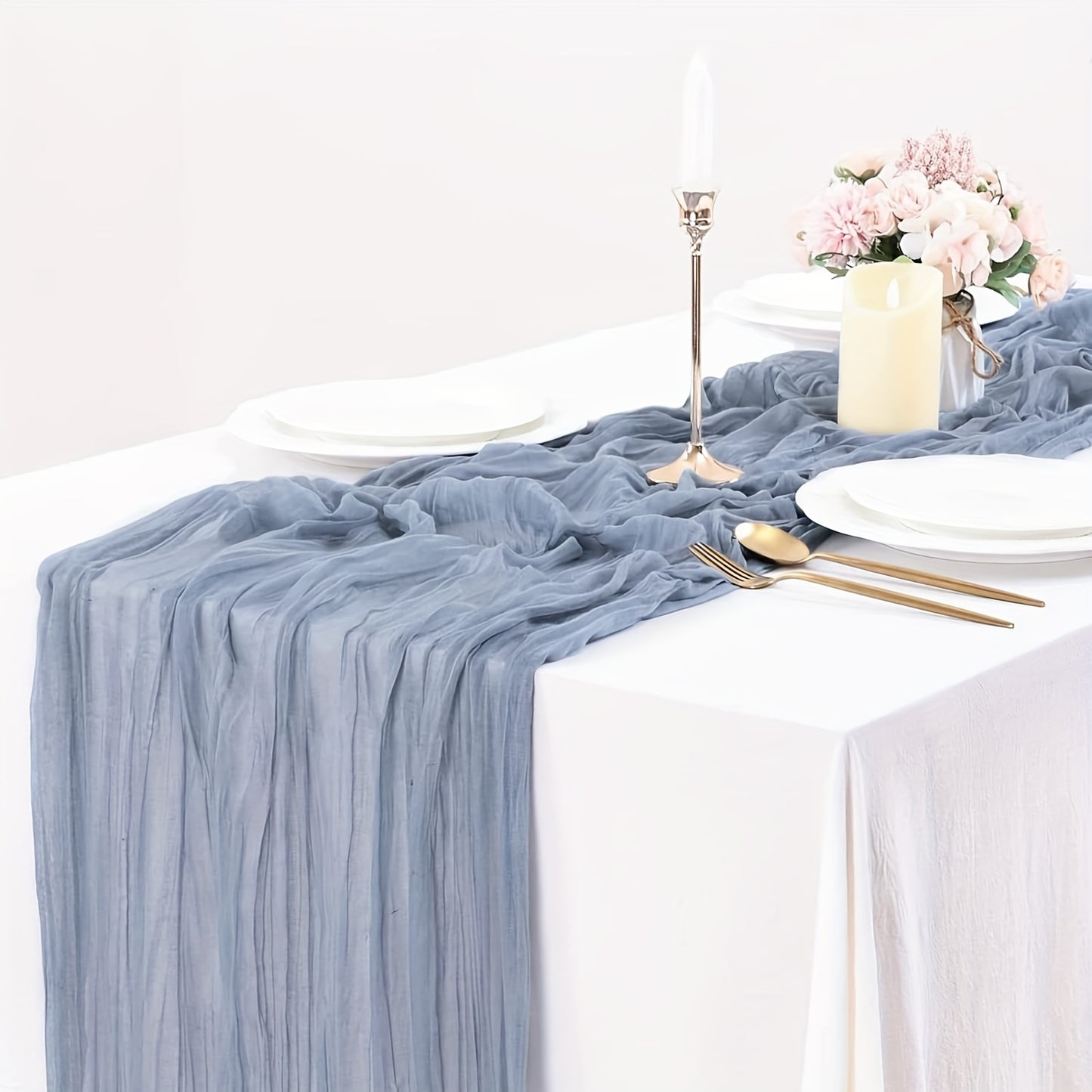 Blue Boho Chic Pleated Table Runner for Weddings & Bridal Showers - Polyester