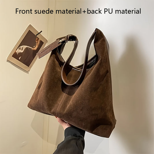 Vintage-inspired women's tote bag in matte brown, with reversible faux suede shoulder handbag design. Features magnetic closure and spacious interior for work, commute, or casual use.