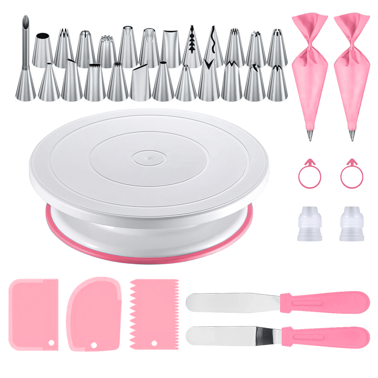 36-piece Stainless Steel Decorating Nozzle Cake Turntable Set with various tools for baking and decorating