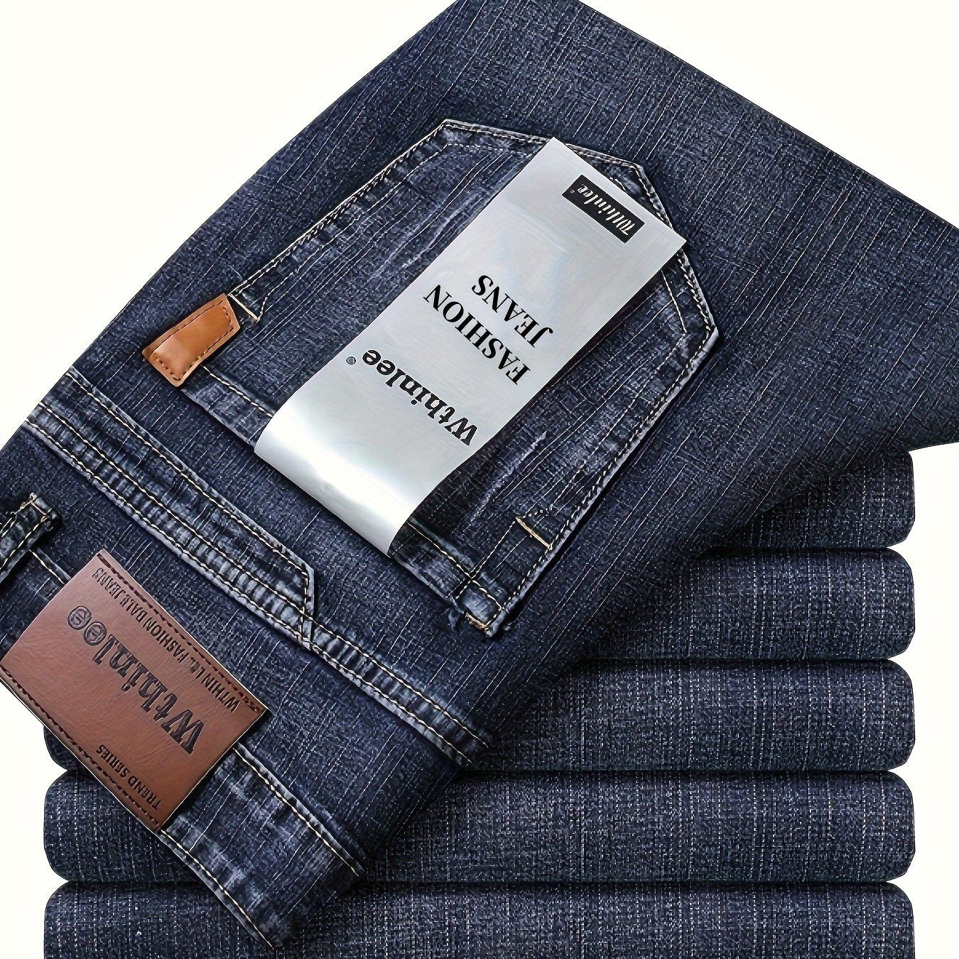 Men's classic denim jeans in regular fit, solid color, all-season stretch. Made with 64.5% cotton, 33.5% polyester, and 2% spandex. Suitable for casual or business wear.