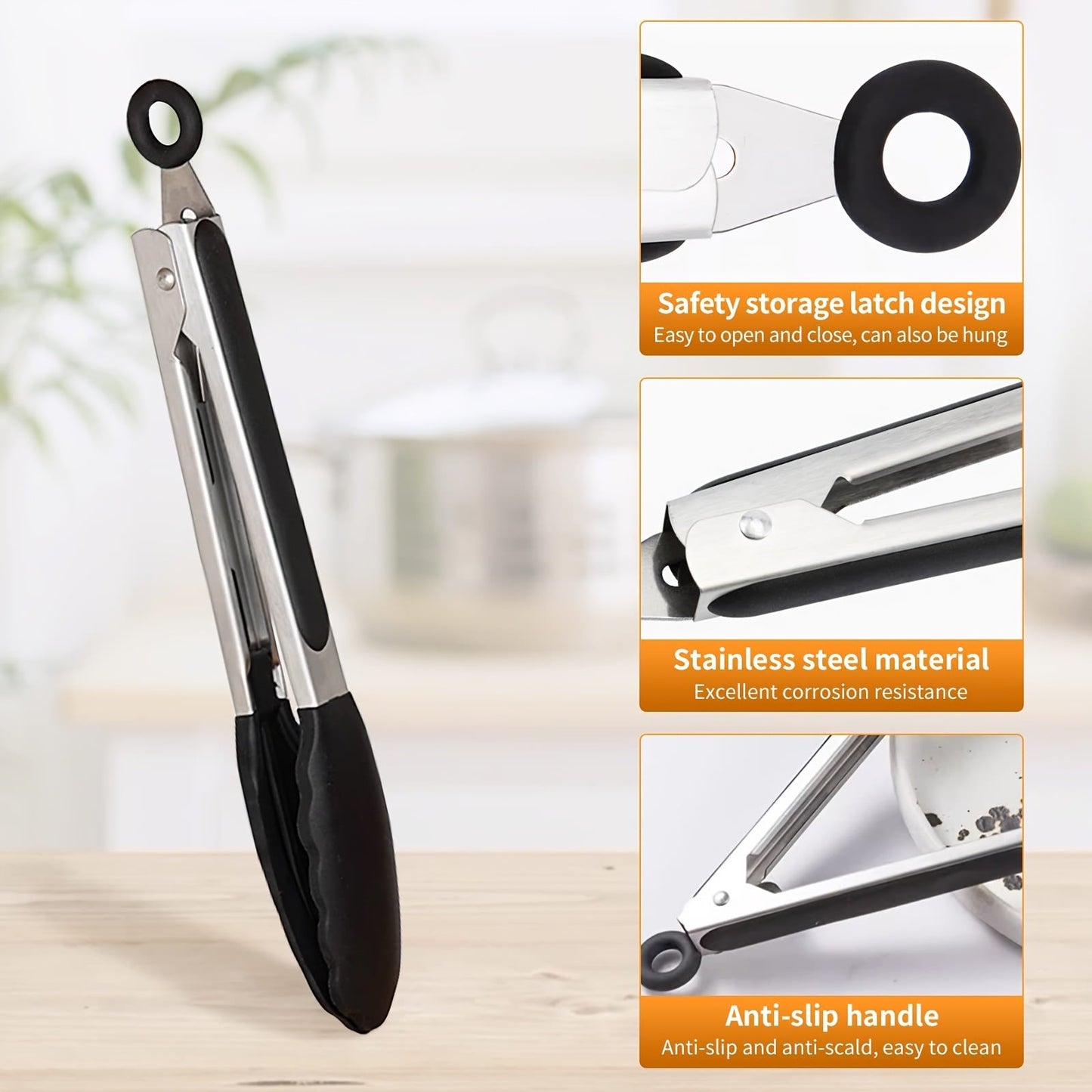 Black and red stainless steel kitchen tongs with heat-resistant silicone tips, available in three sizes (20.32 cm, 27.94 cm, 33.02 cm). These food clips feature a pull lock and non-scratch silicone tips, making them ideal for use with air fryers and