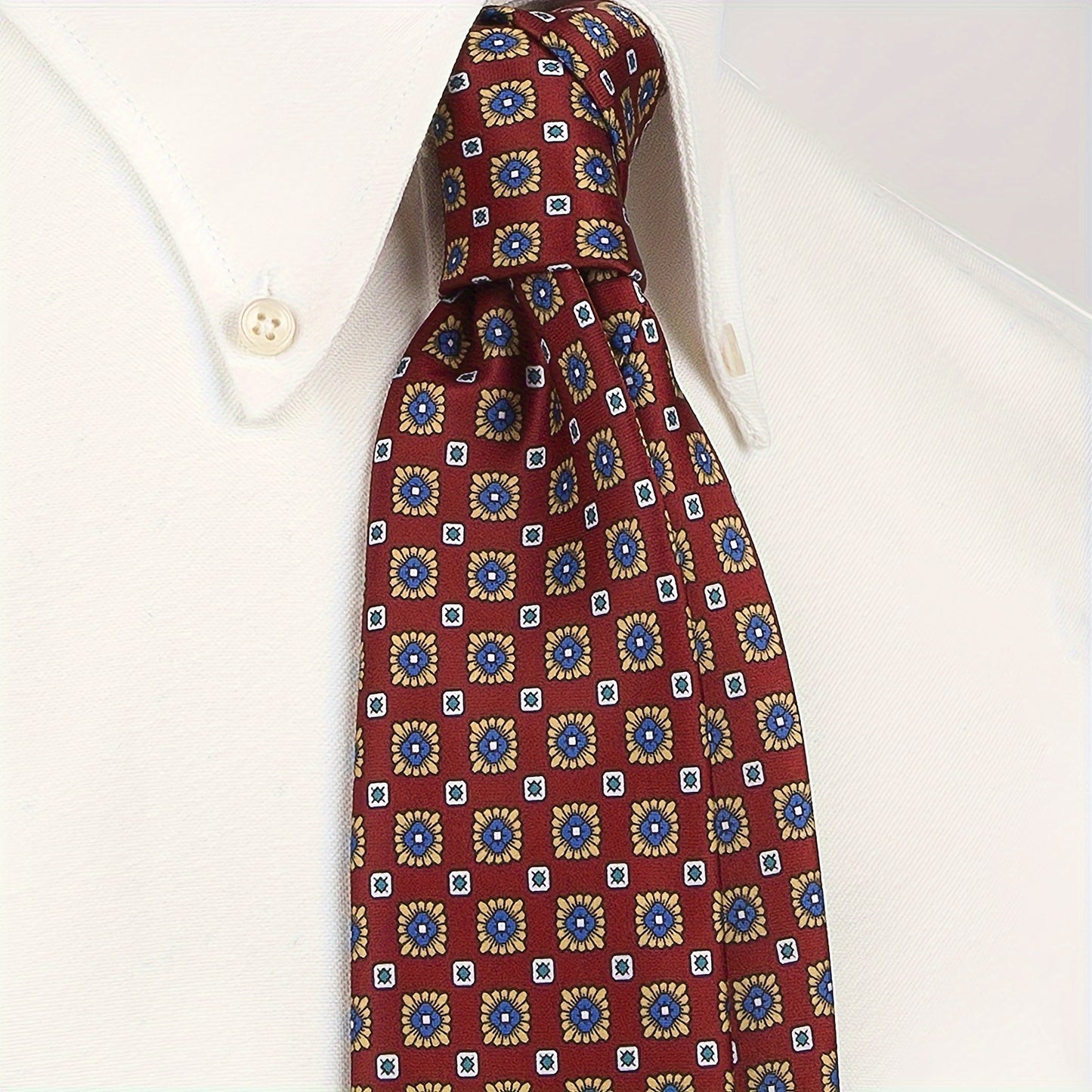 Men's vintage print necktie with abstract geometric pattern, casual hip hop street style, small floral design, Handmade in 8cm polyester, hand wash care instructions included.