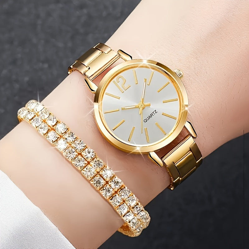 Six elegant ladies quartz watches and bracelet suits with round zinc alloy case, stainless steel strap, casual round simulation dial with steel band, and shock-proof movement.