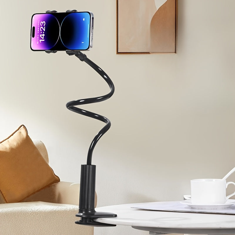 360° rotating phone holder stand with gooseneck, dual clamps, and spiral base. Compatible with smartphones and tablets for bedside and desk use.