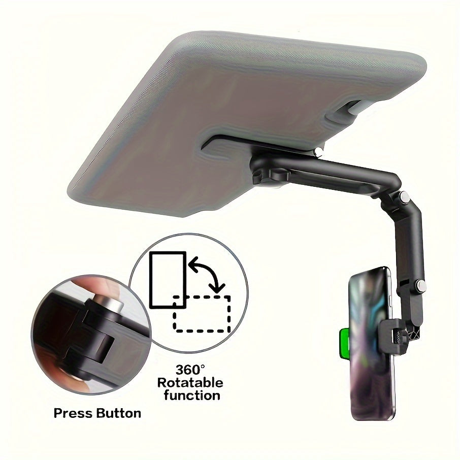 Rotatable car sun visor phone holder made of ABS material, compatible with dashboard and waterproof.