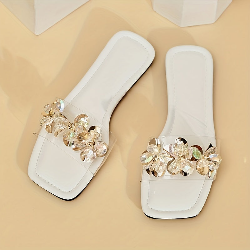 Women's Rhinestone Floral Sandals with Slip-On Transparent Band and Square Toe Flat Soft-Sole.