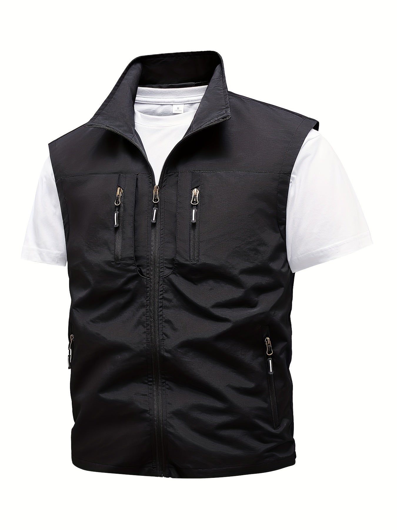 Men's Solid Color Stand Collar Cargo Vest for Spring and Summer