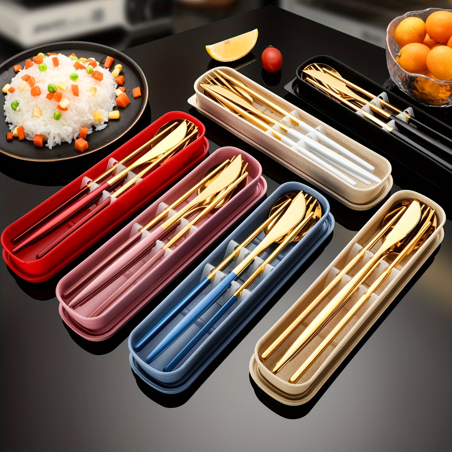 Portable 5-piece flatware set made of premium stainless steel includes knife, spoon, fork, chopsticks, and storage box. Perfect for travel, office, school, picnics, parties, and weddings. Custom sets available for families.