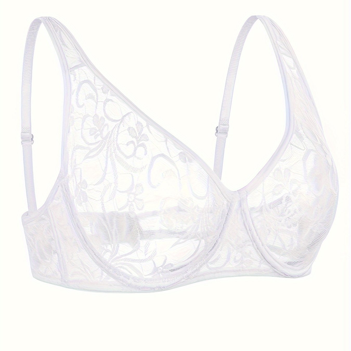 Stylish plus size floral lace bra with V-neck, delicate embroidery, underwired support, breathable, hand washable, in white