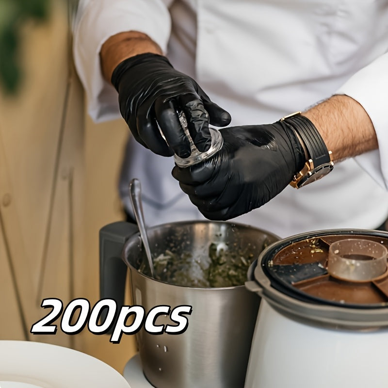 This pack includes 200 black disposable nitrile gloves that are powder and latex-free. They are waterproof and suitable for various activities such as kitchen cooking, bathroom and living room cleaning, pet outdoor use, tattoos, condiments, and haircuts.