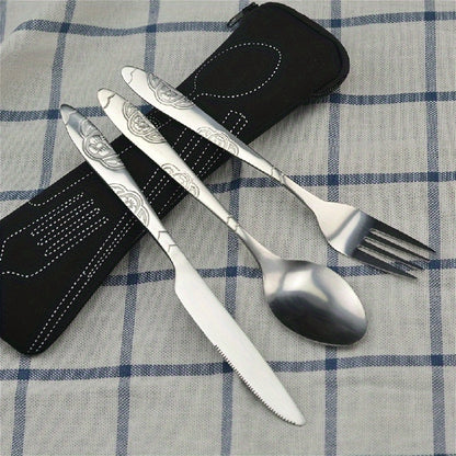 Premium stainless steel cutlery set includes knife, fork, spoon in chic case- perfect for camping and travel.