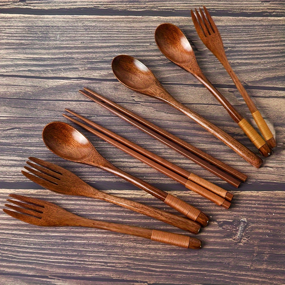 3-Piece High-Quality Wooden Cutlery Set: Spoon, Fork, Chopsticks | Handcrafted, Lightweight, Durable Kitchen Utensils