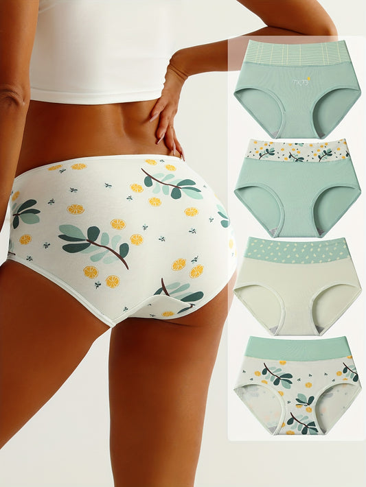 4 Colorblock Cute Print Briefs with High Waist for Women's Lingerie. Simple, Comfy, and Stylish.