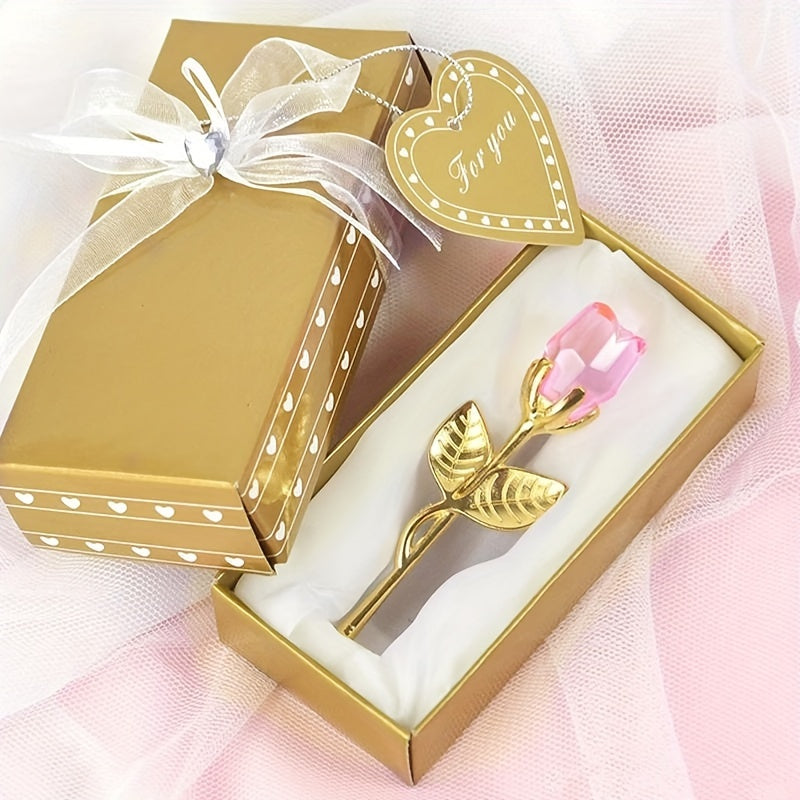 Valentine's Day gift: Crystal Glass Rose Flower in Mini Forever Red Golden Artificial Rose Box for Girlfriend, Wedding Guest, Cool Mom, Mother's Day, and Wedding favors.