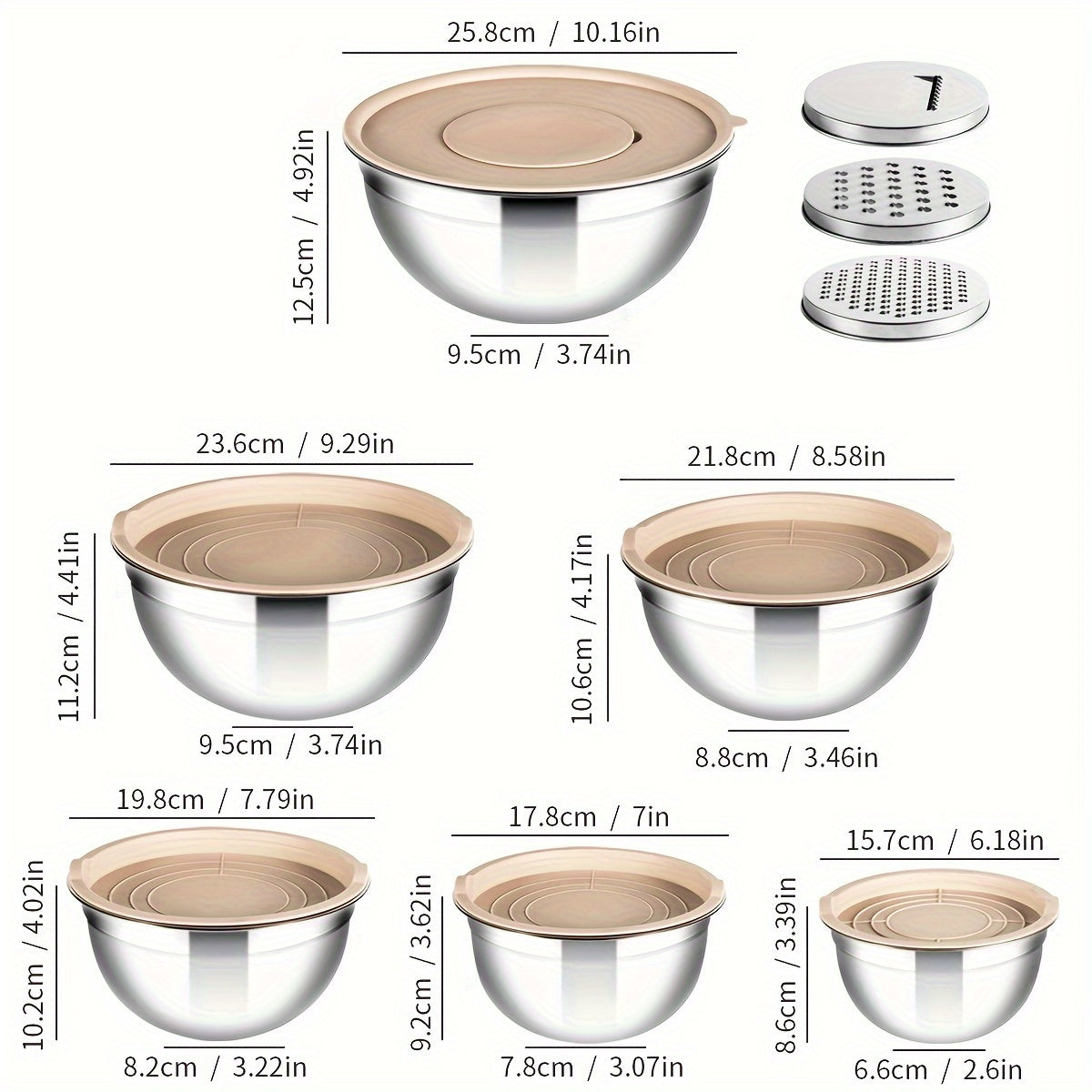 Get ready for any holiday meal with this complete set of 15 stainless steel mixing bowls, each with airtight lids for storage. The set includes 3 grater attachments for added versatility. These rust-resistant metal bowls are dishwasher safe and ideal for