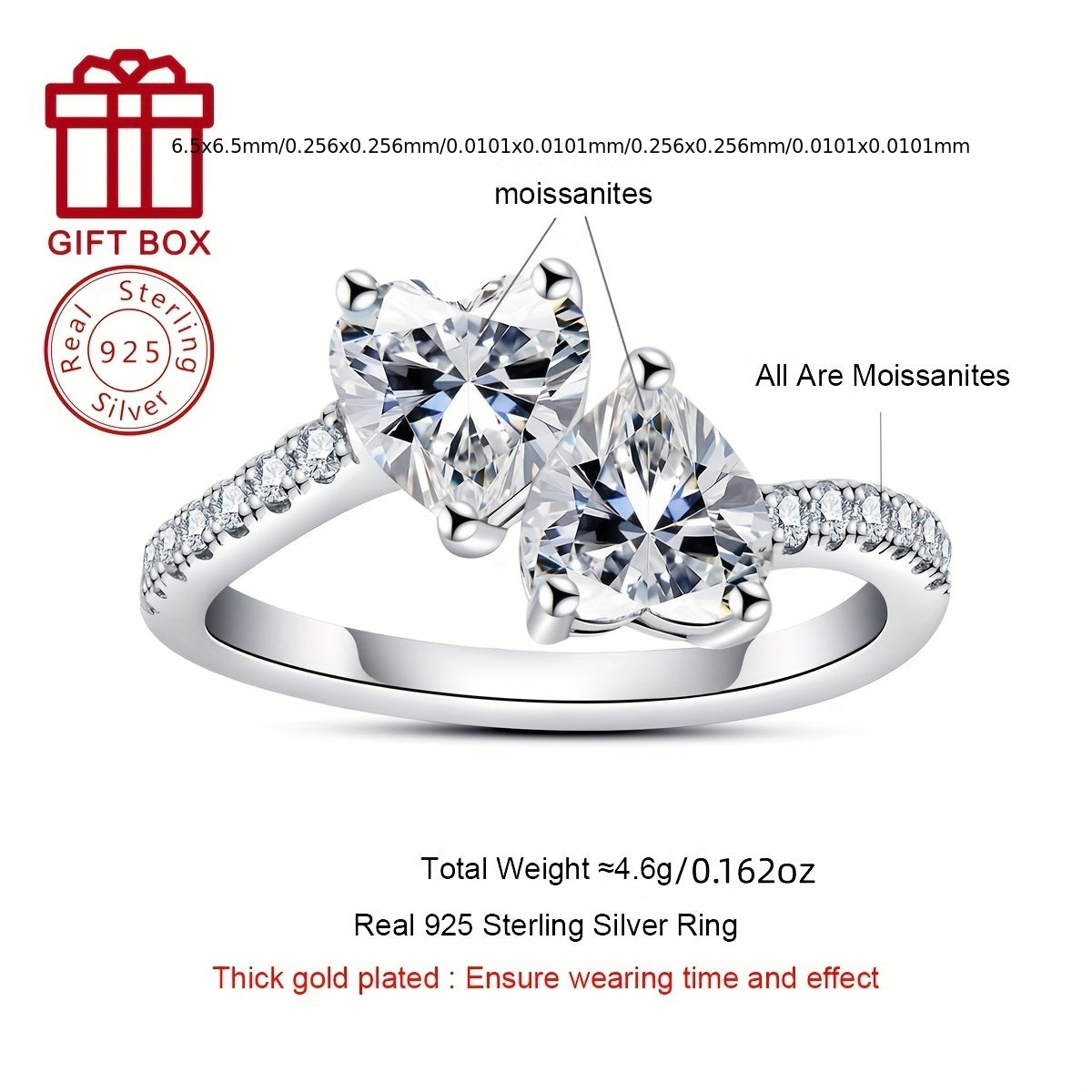 Gift your friends and BFFs this fashionable and novel Women's Eternal Ring, featuring a 925 Silver Moissanite 6.5mm Heart shape main stone with 2CT, adorned with 0.012*14 side stones. The ring weighs a total of 4.6g, making it a stunning accessory for