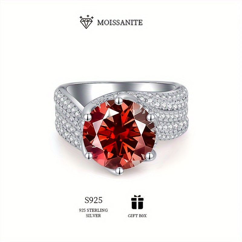 925 Sterling Silver Wide Ring with Inlaid Rare Red Moissanite, perfect for important occasions. This exquisite piece of light luxury jewelry is designed for females and comes with a certificate and box.